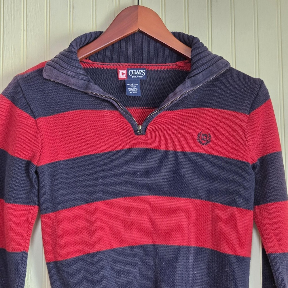 Chaps Sweater Youth M 10-12 Navy Red Stripe 1/4 Zip Cotton Knit Pullover‎